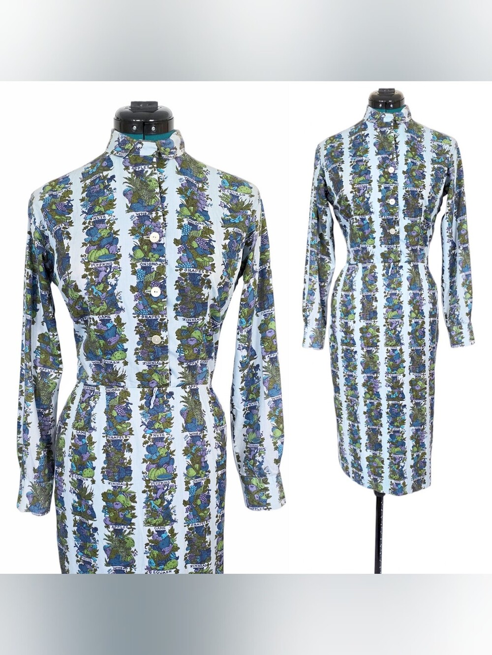 1950s Vintage Dress 50s Wiggle Cocktail Novelty Vegetable Garden XS Small Blue